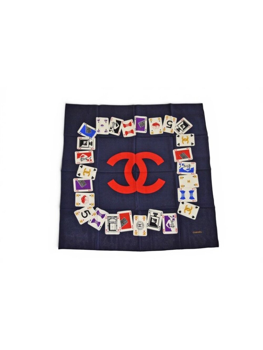 Chanel Scarf Shawl Vintage CC Logo CC Playing Cards Pattern Silk Navy